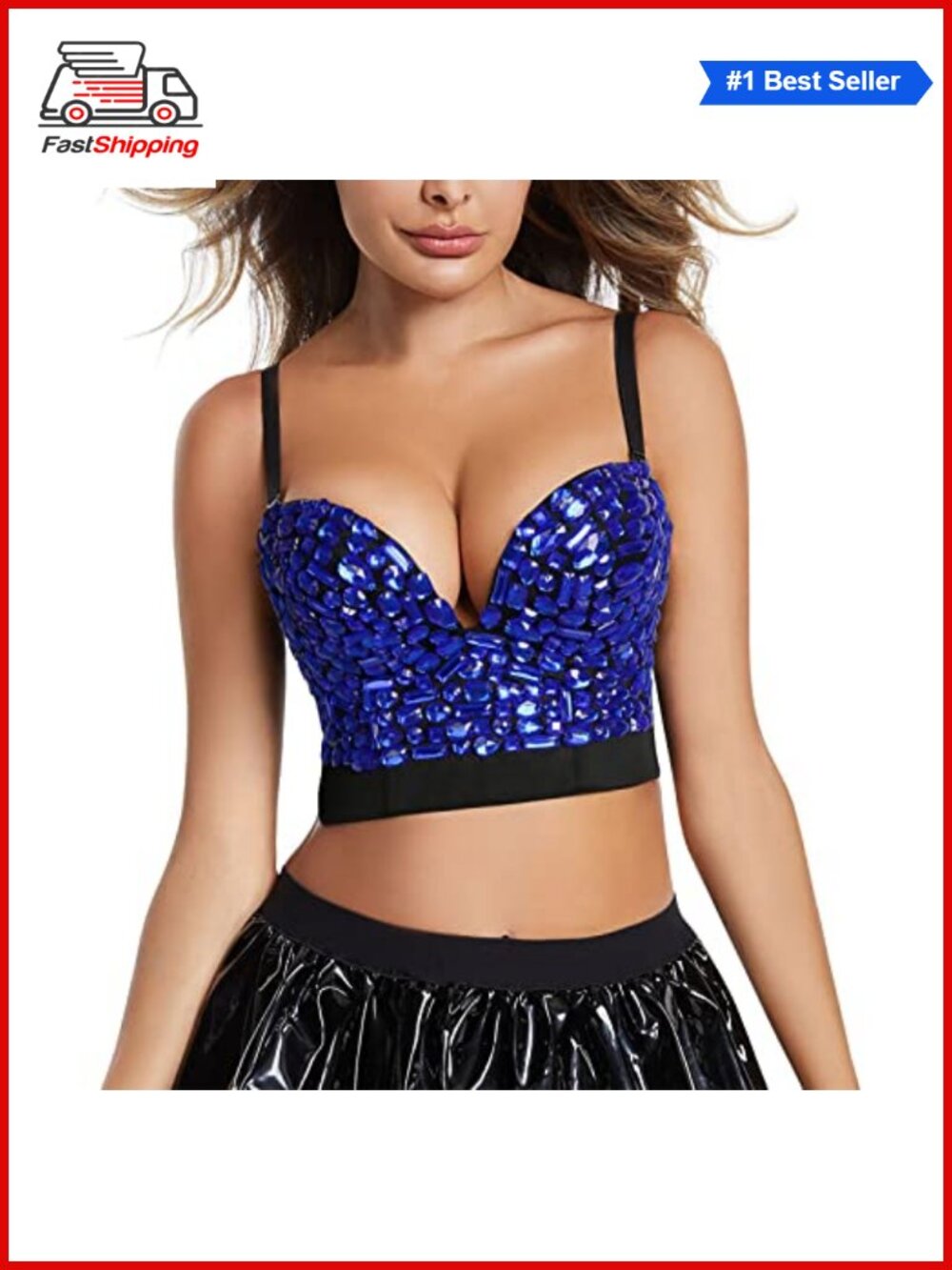 Rhinestone Beaded Bustier Crop Top Bra with Spaghetti Straps